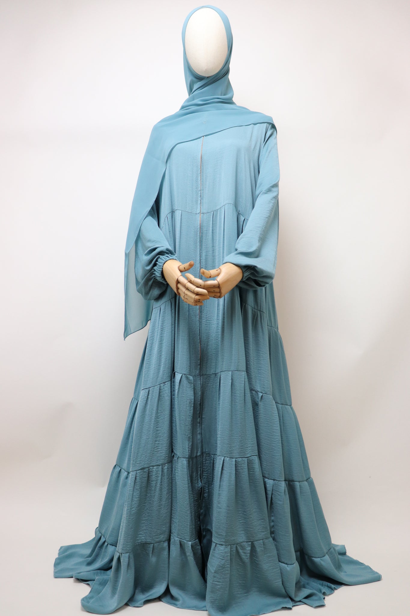 Full-zip 5 Tiered Wide Flare Umbrella Abaya - Aqua