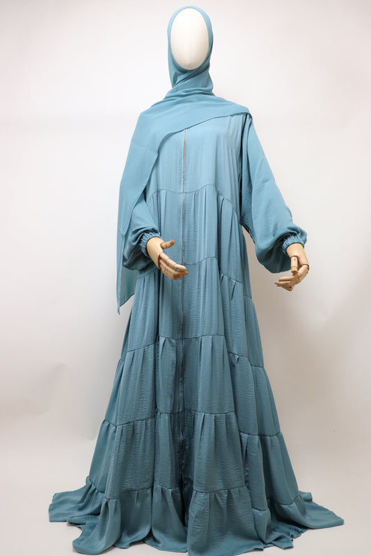 Full-zip 5 Tiered Wide Flare Umbrella Abaya - Aqua
