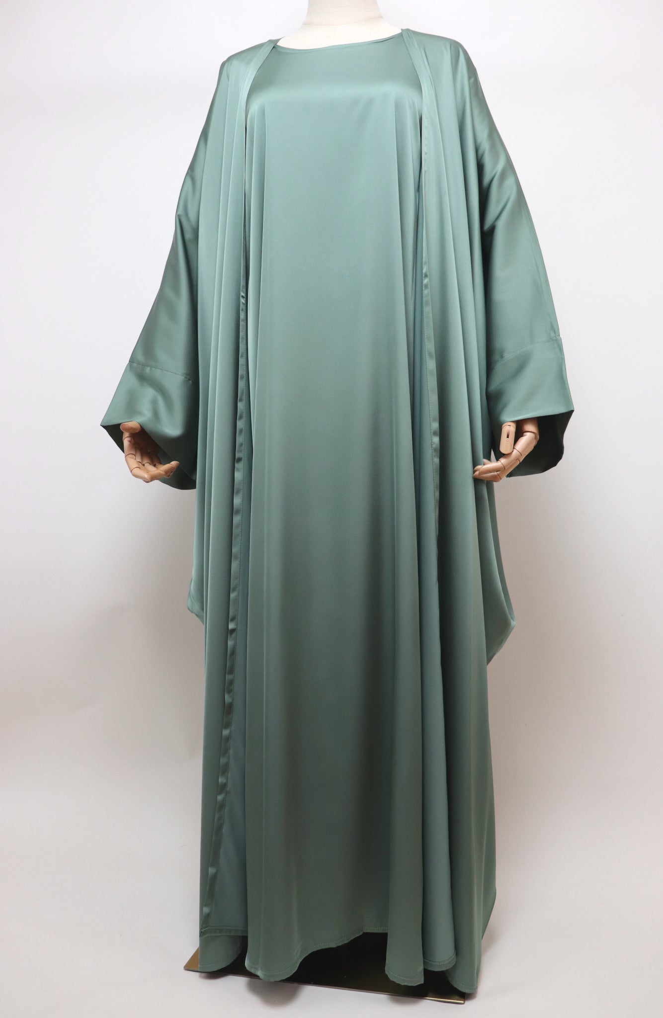 3 Piece Set Satin Open Bisht Abaya - Sage