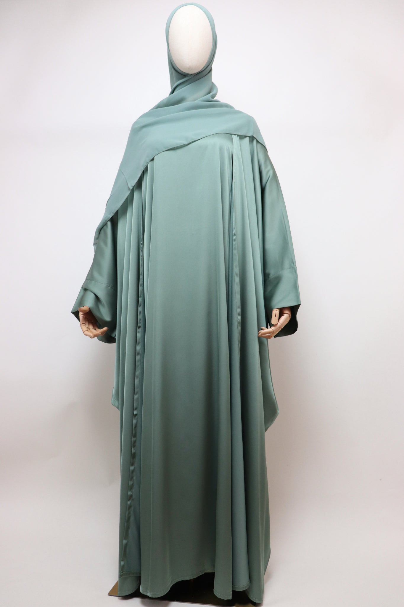3 Piece Set Satin Open Bisht Abaya - Sage