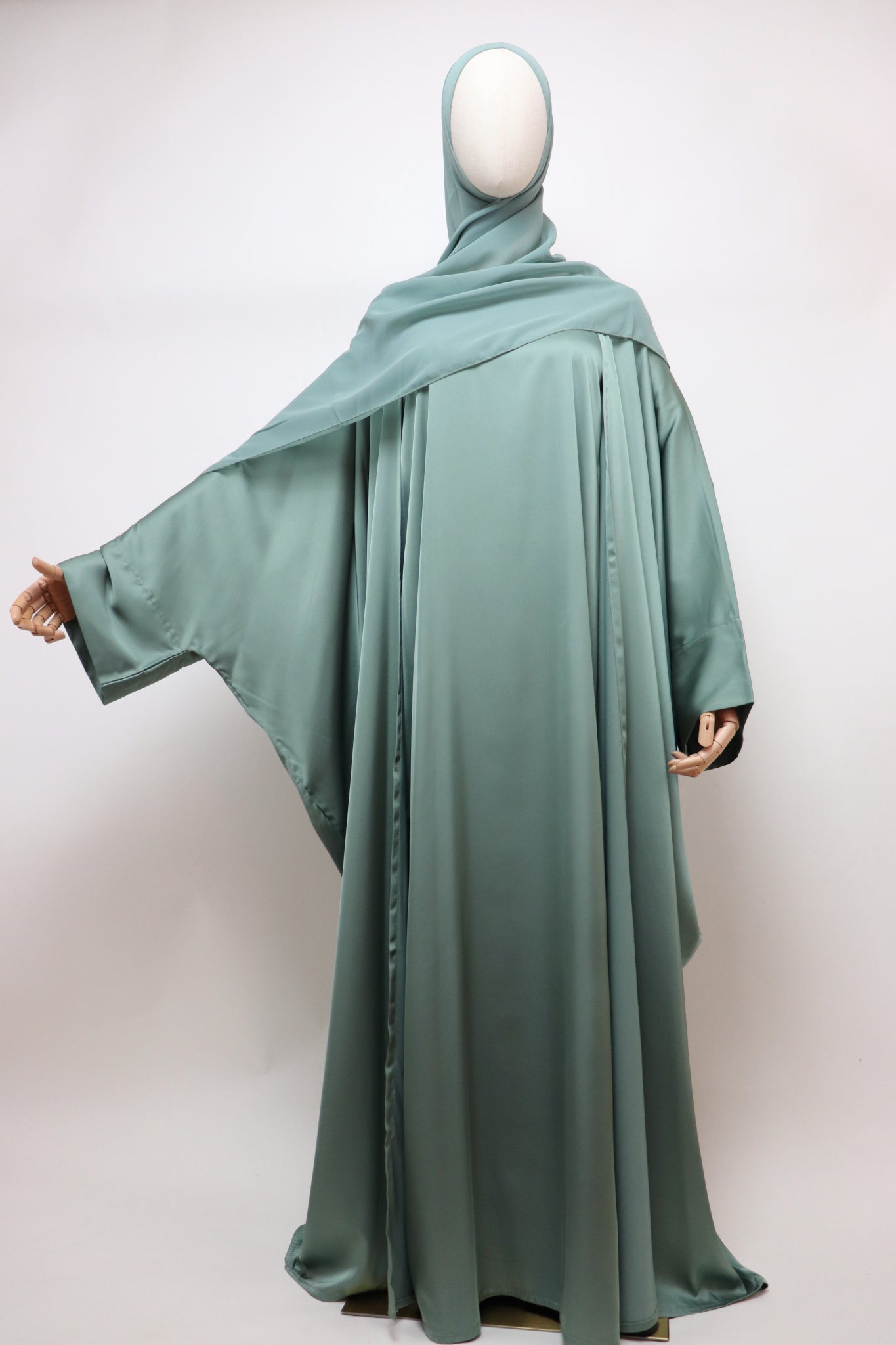 3 Piece Set Satin Open Bisht Abaya - Sage