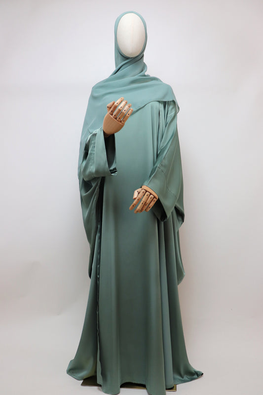3 Piece Set Satin Open Bisht Abaya - Sage