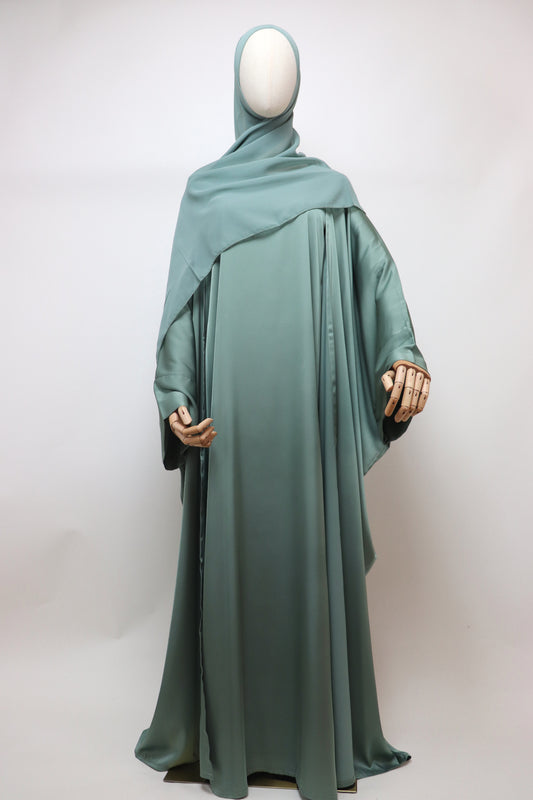 3 Piece Set Satin Open Bisht Abaya - Sage
