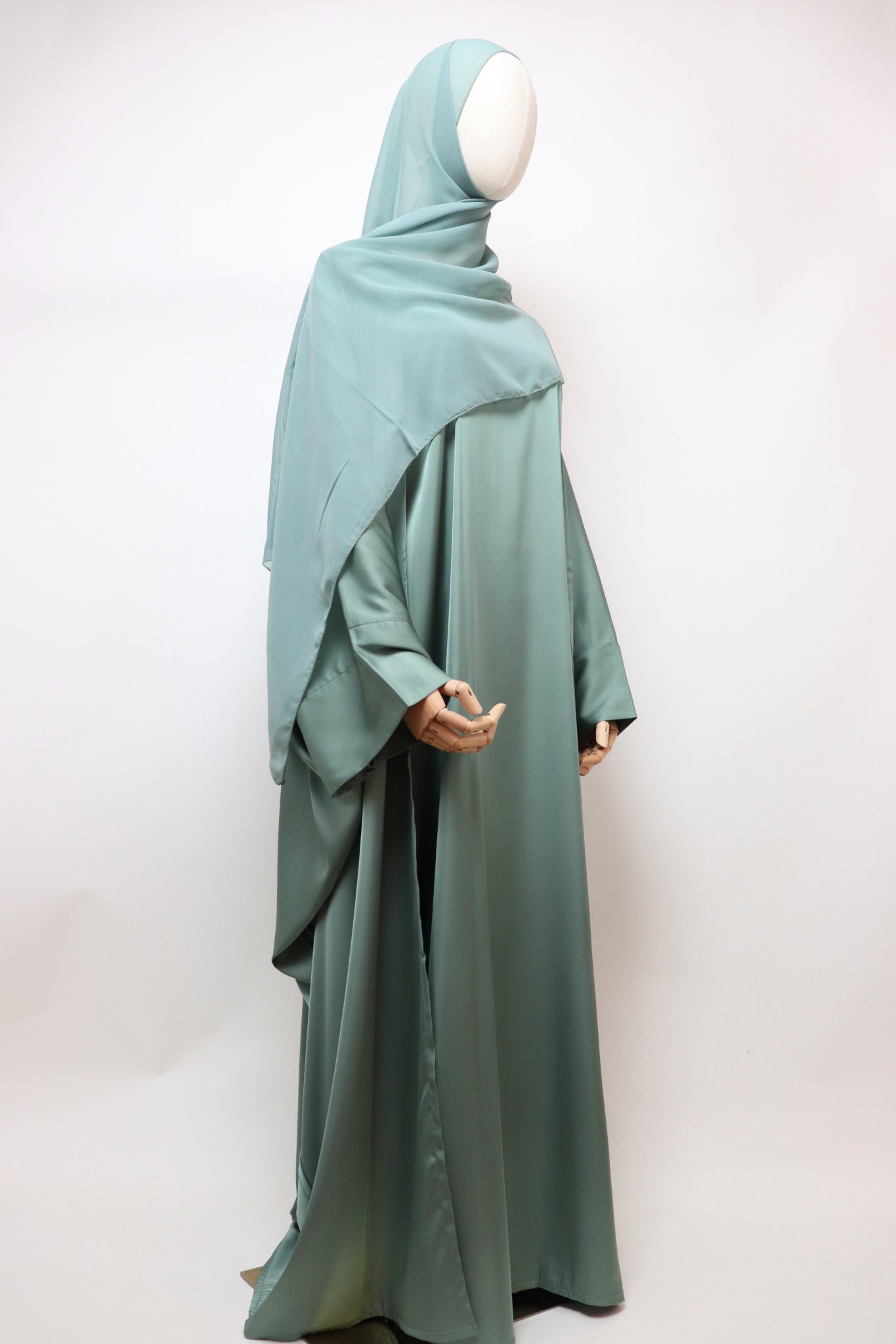 3 Piece Set Satin Open Bisht Abaya - Sage