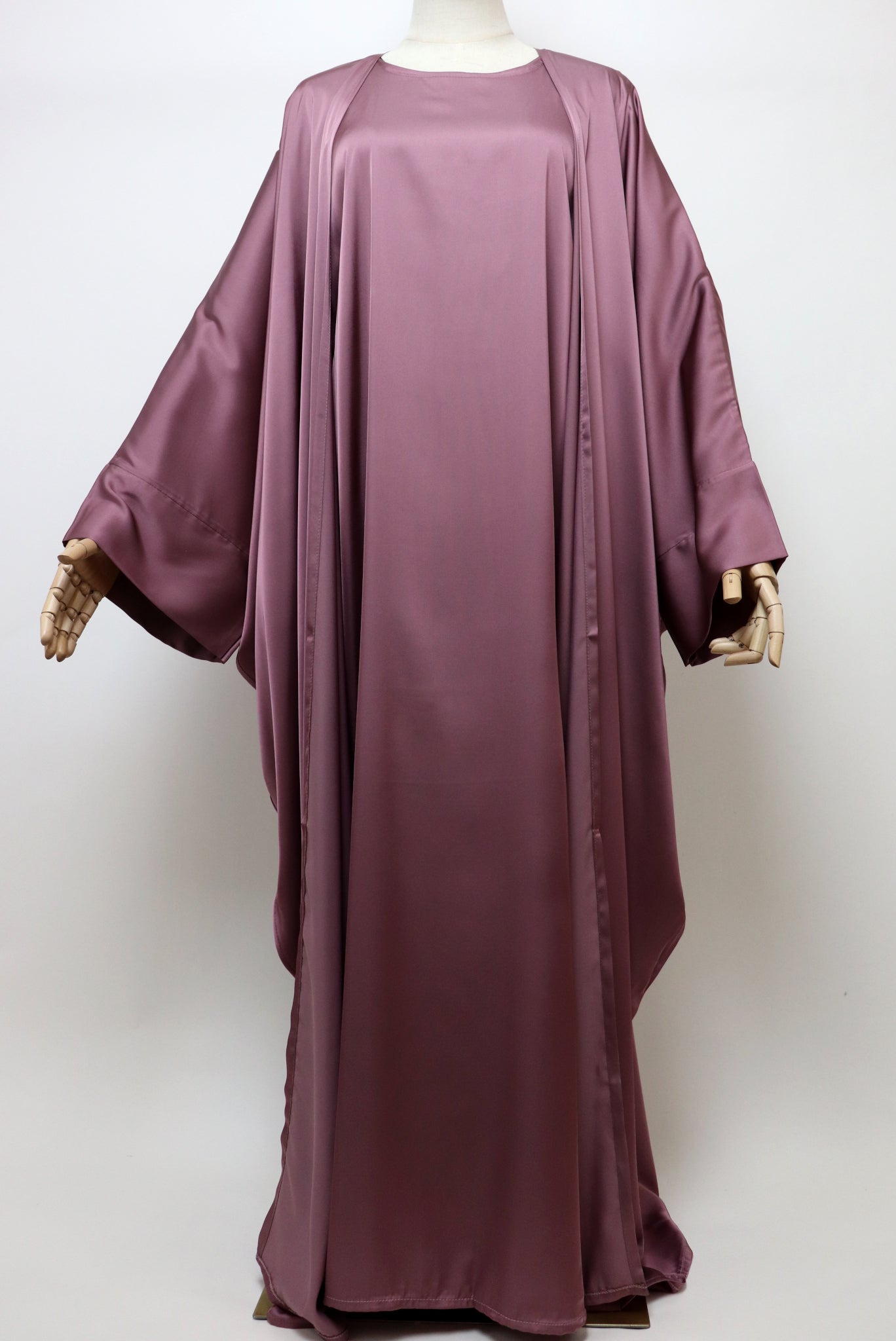 3 Piece Set Satin Open Bisht Abaya - Mauve