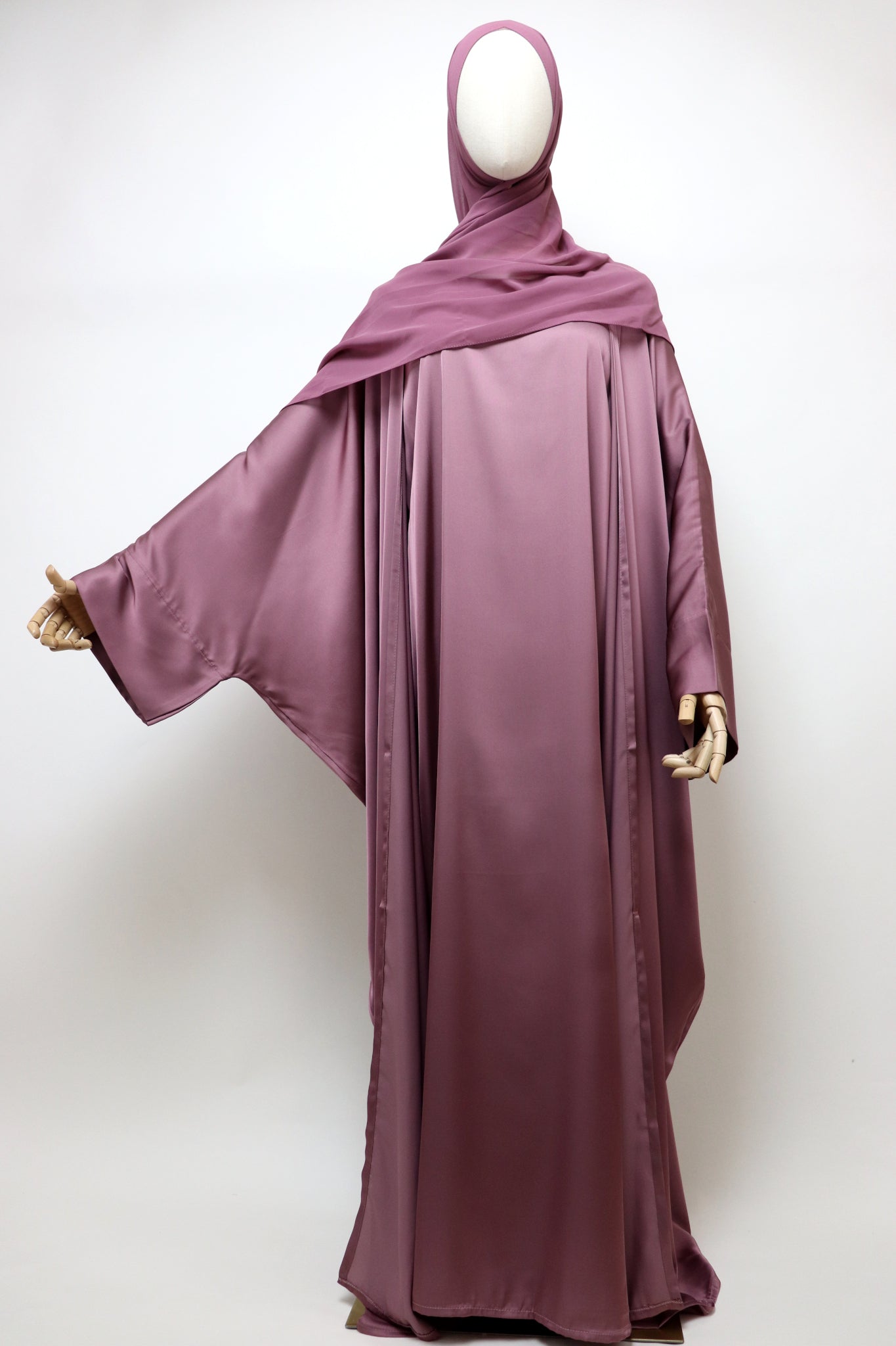 3 Piece Set Satin Open Bisht Abaya - Mauve