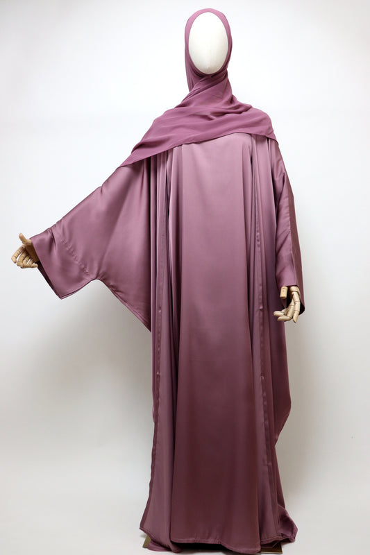 3 Piece Set Satin Open Bisht Abaya - Mauve