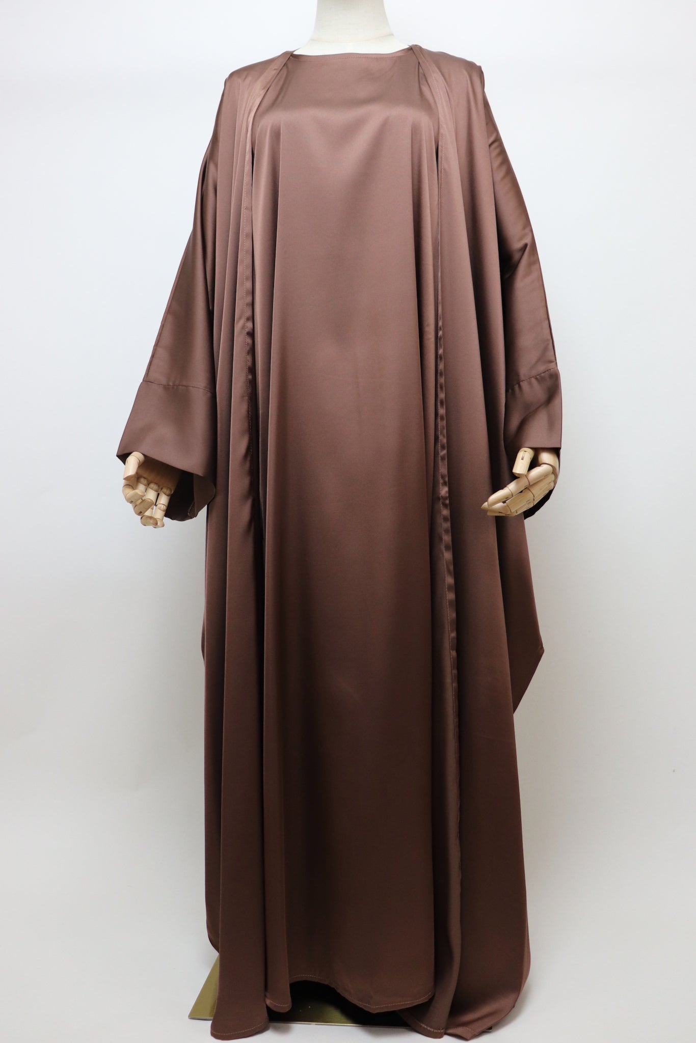 3 Piece Set Satin Open Bisht Abaya - Choco