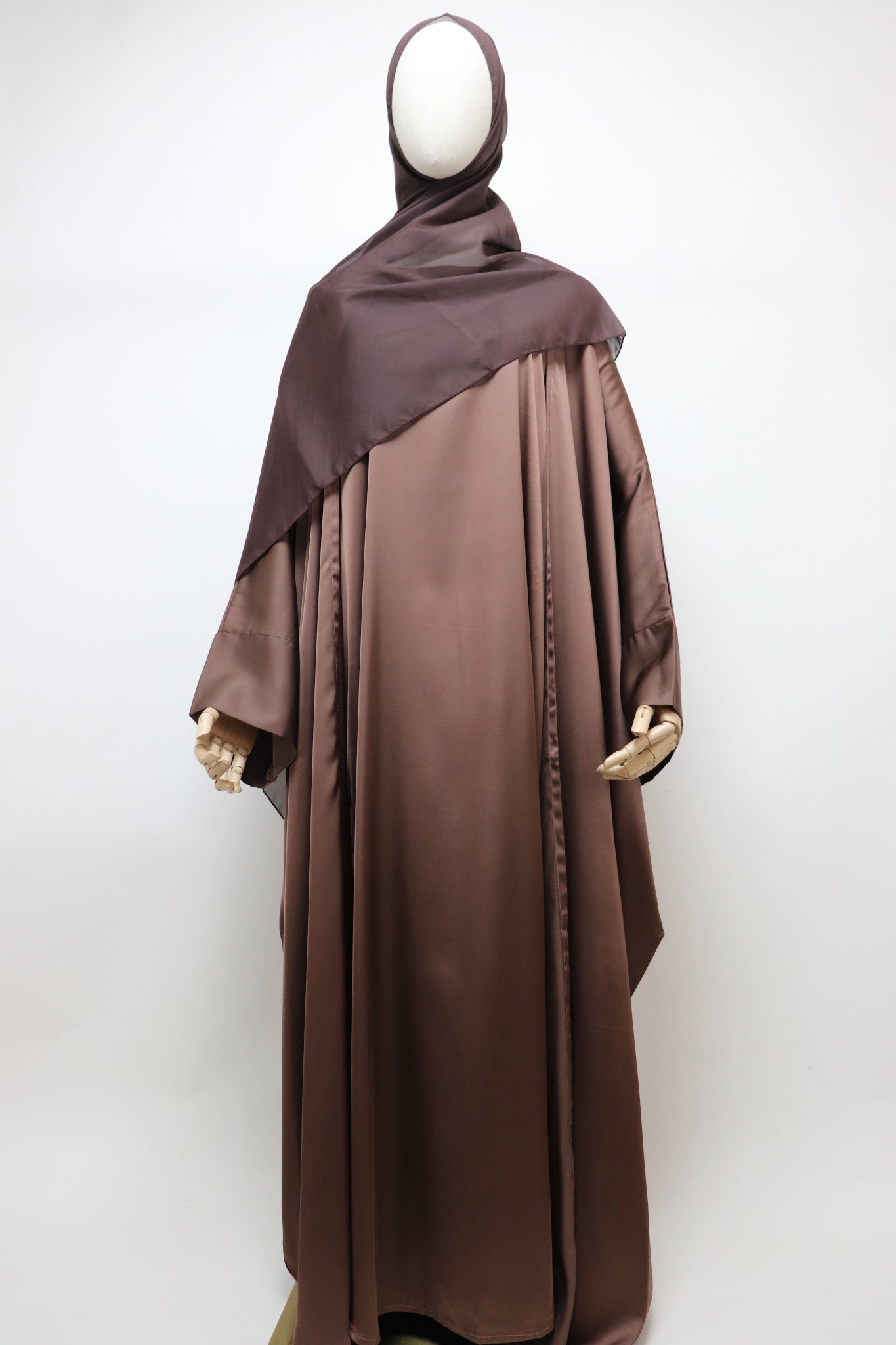 3 Piece Set Satin Open Bisht Abaya - Choco