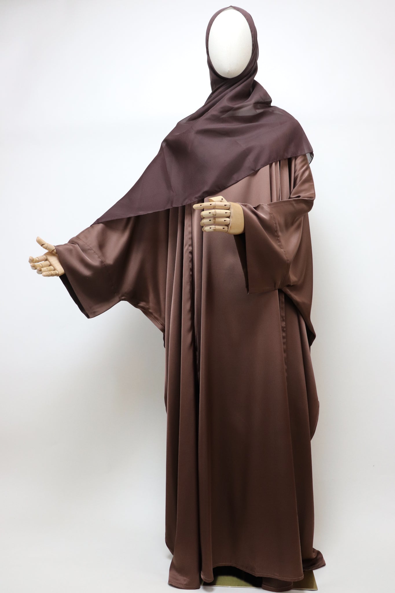 3 Piece Set Satin Open Bisht Abaya - Choco