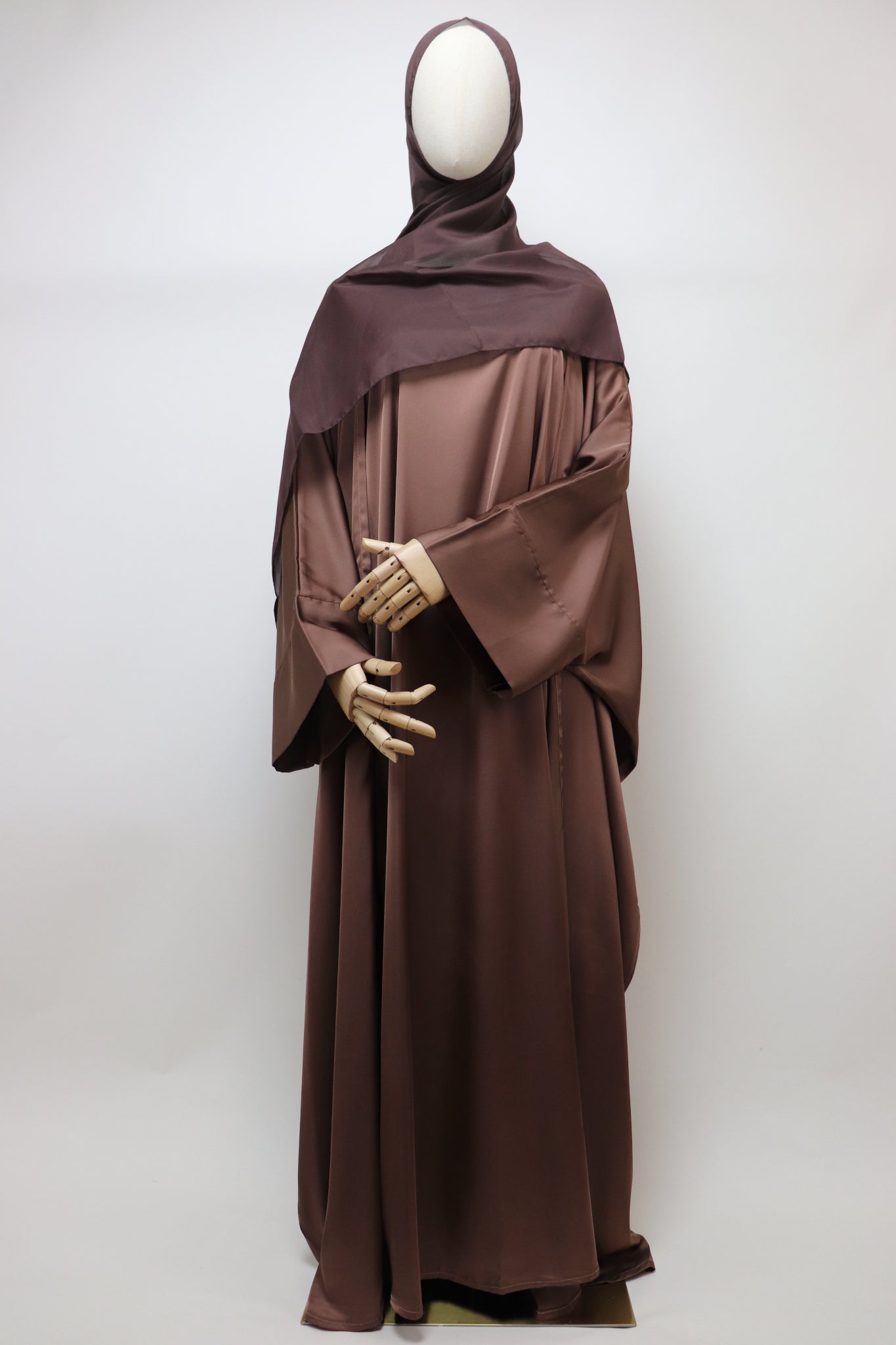 3 Piece Set Satin Open Bisht Abaya - Choco