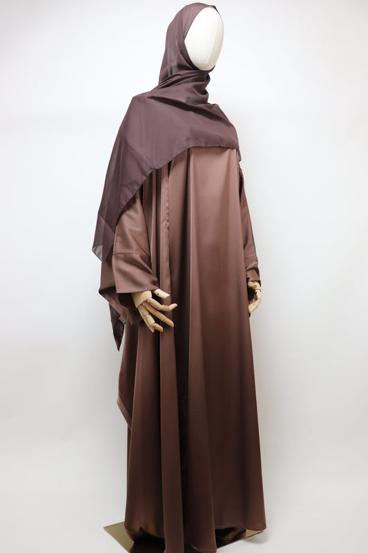 3 Piece Set Satin Open Bisht Abaya - Choco