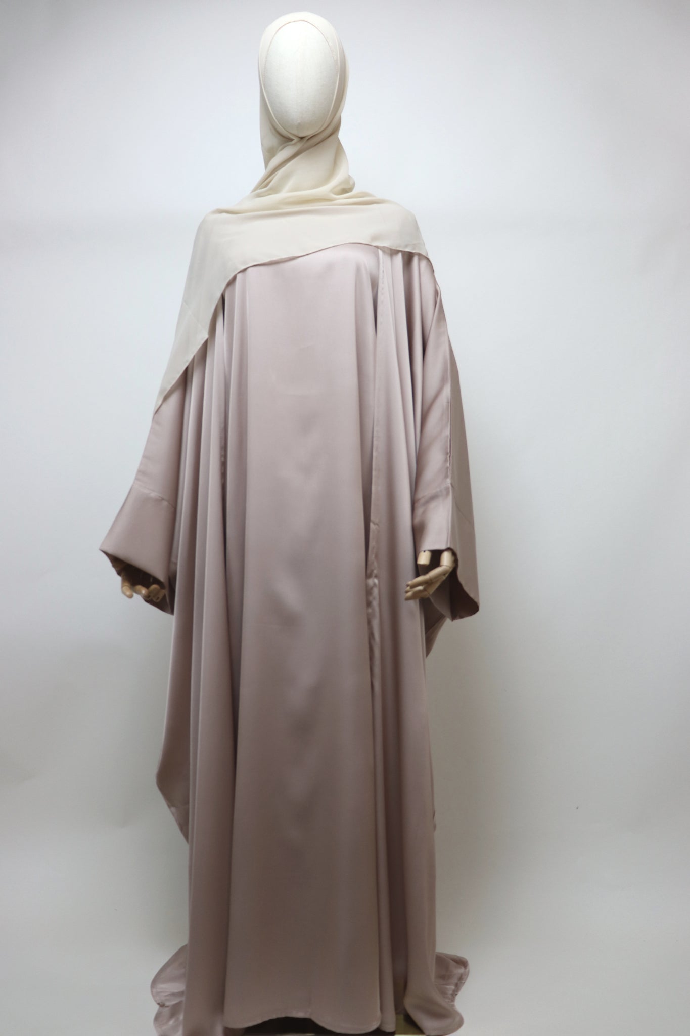 3 Piece Set Satin Open Bisht Abaya - Nude