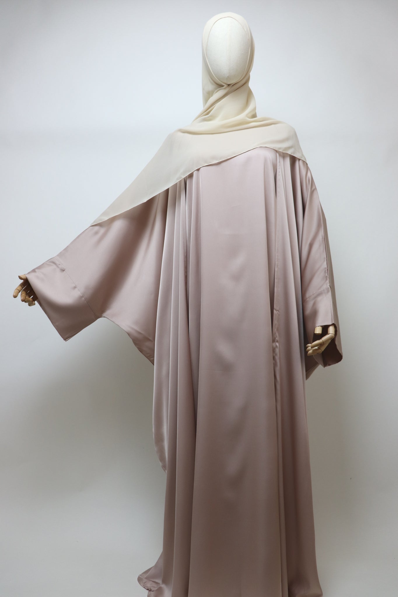 3 Piece Set Satin Open Bisht Abaya - Nude