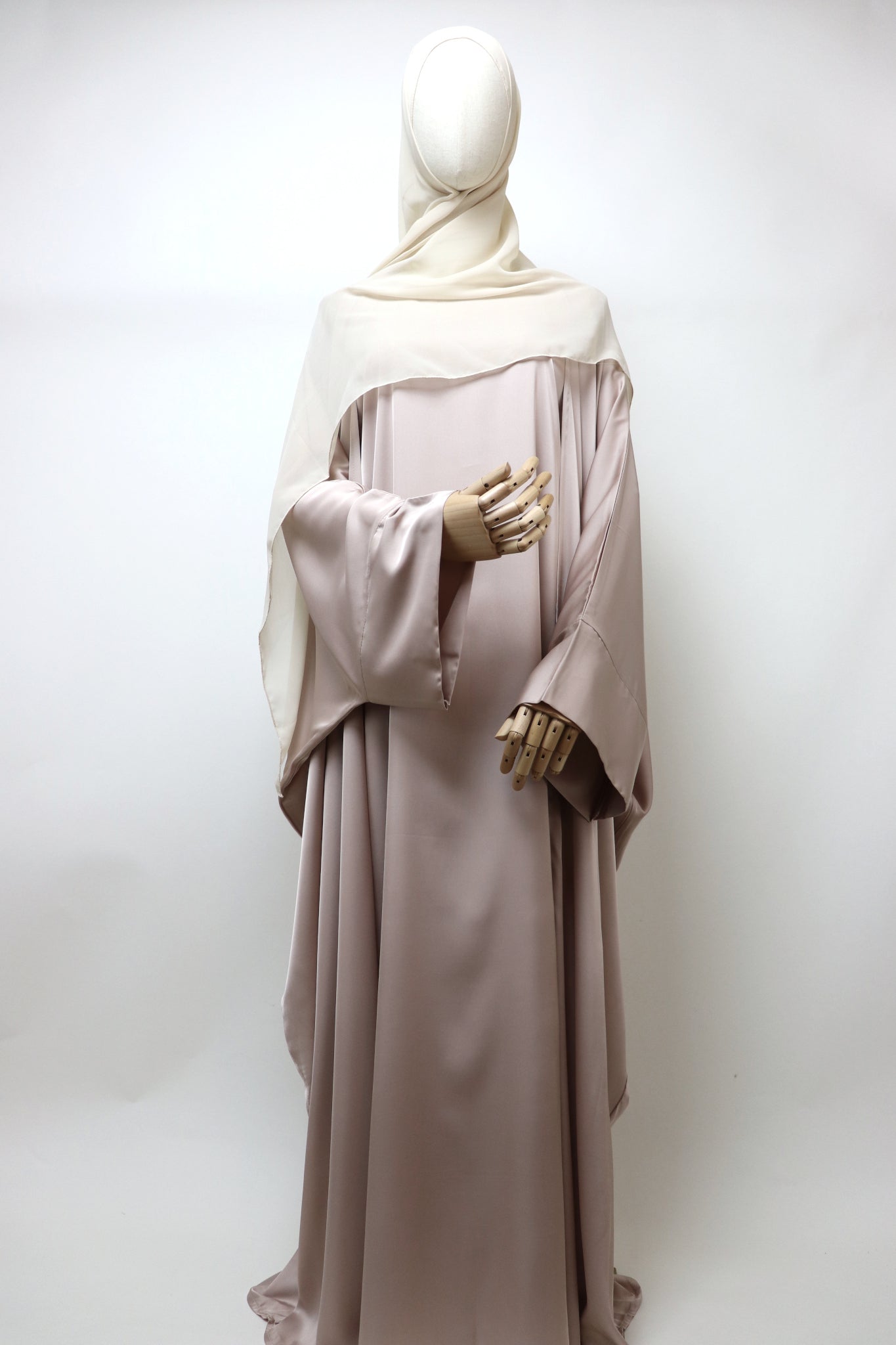 3 Piece Set Satin Open Bisht Abaya - Nude