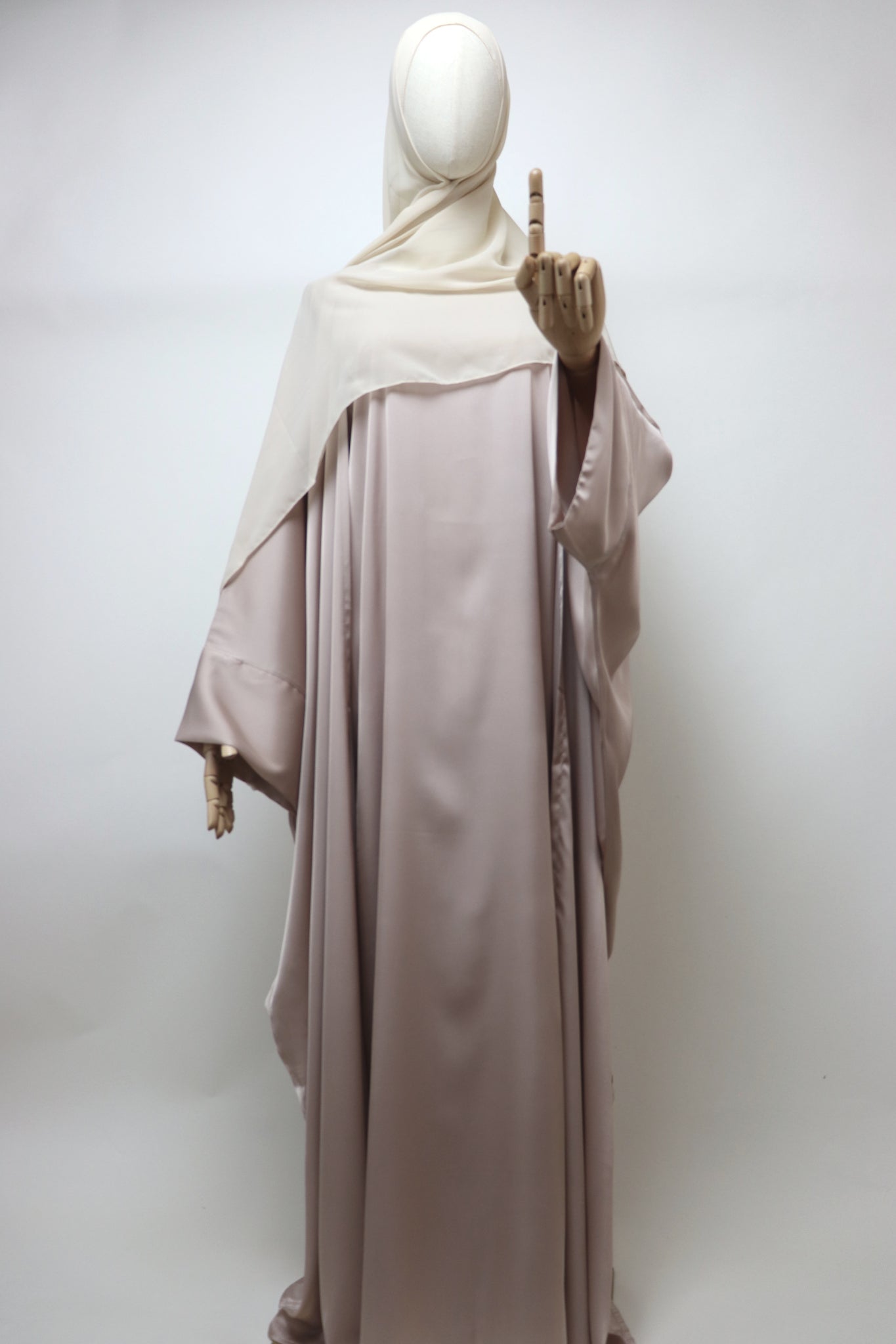 3 Piece Set Satin Open Bisht Abaya - Nude