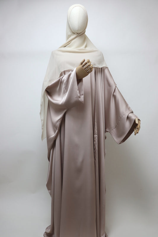 3 Piece Set Satin Open Bisht Abaya - Nude