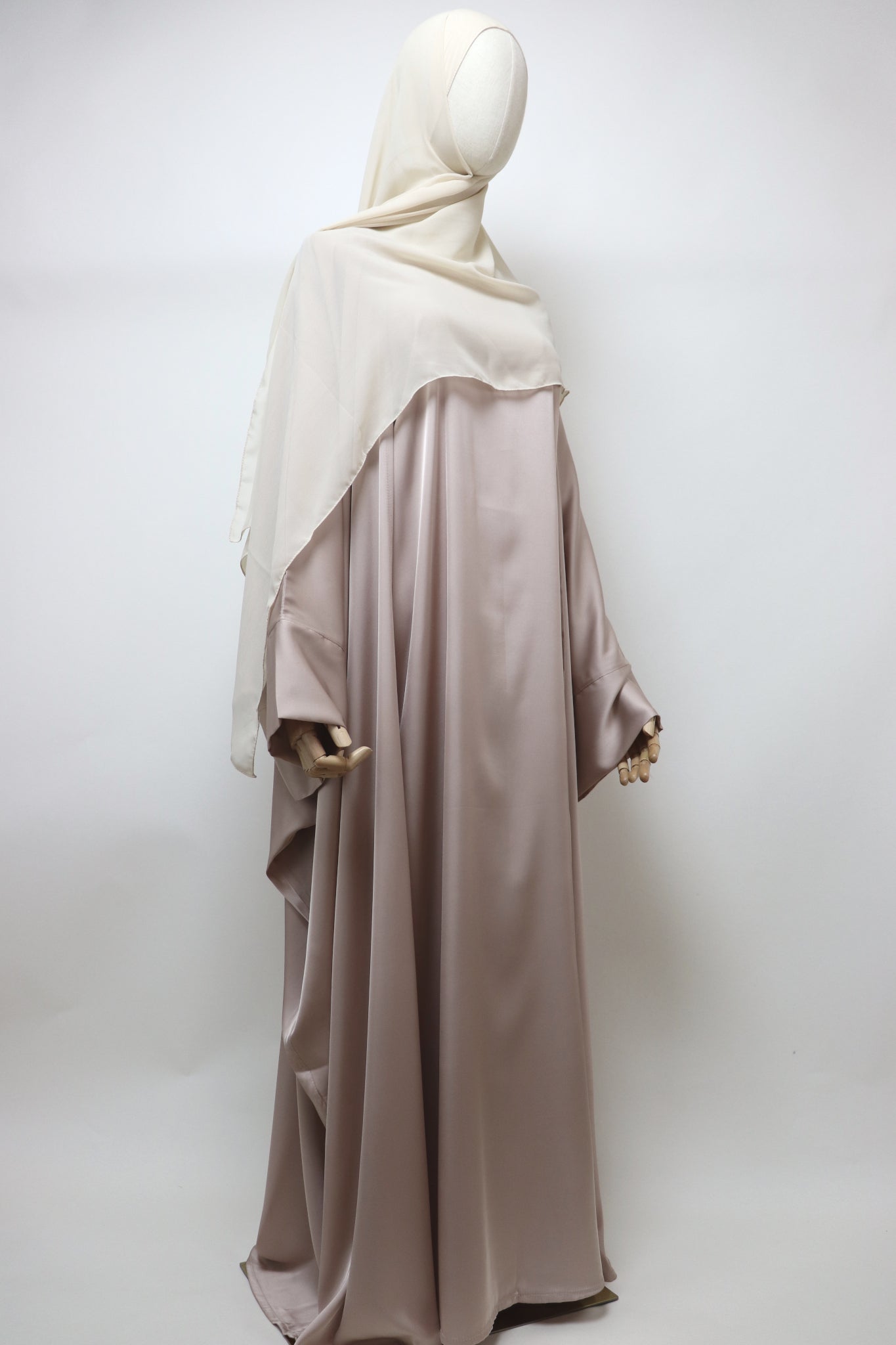 3 Piece Set Satin Open Bisht Abaya - Nude