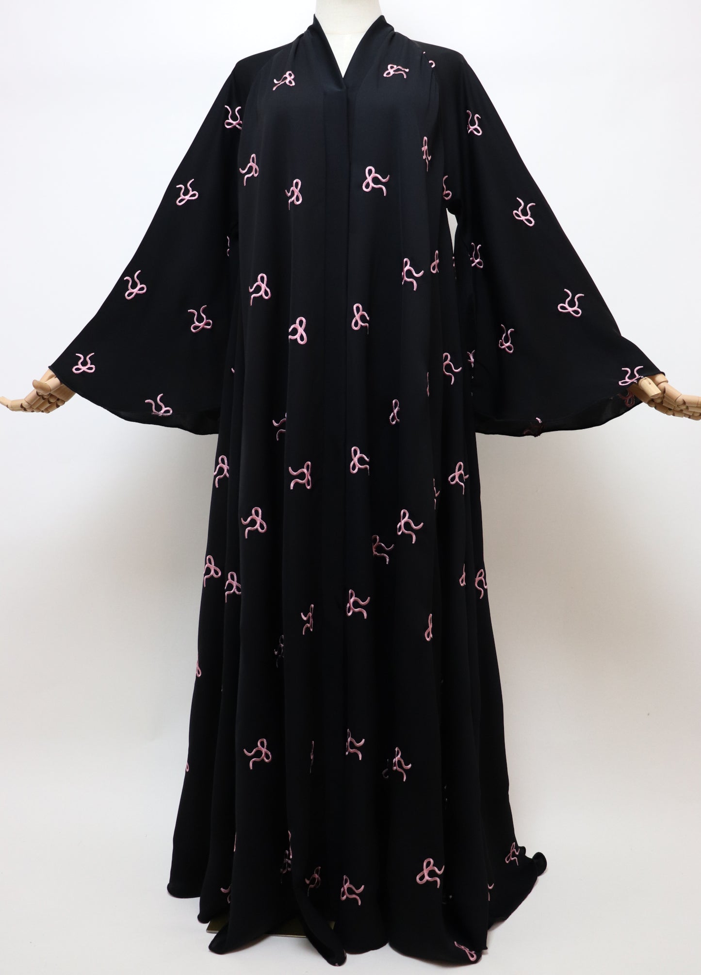 Open Flare Umbrella Bow Embroidery Abaya - Black