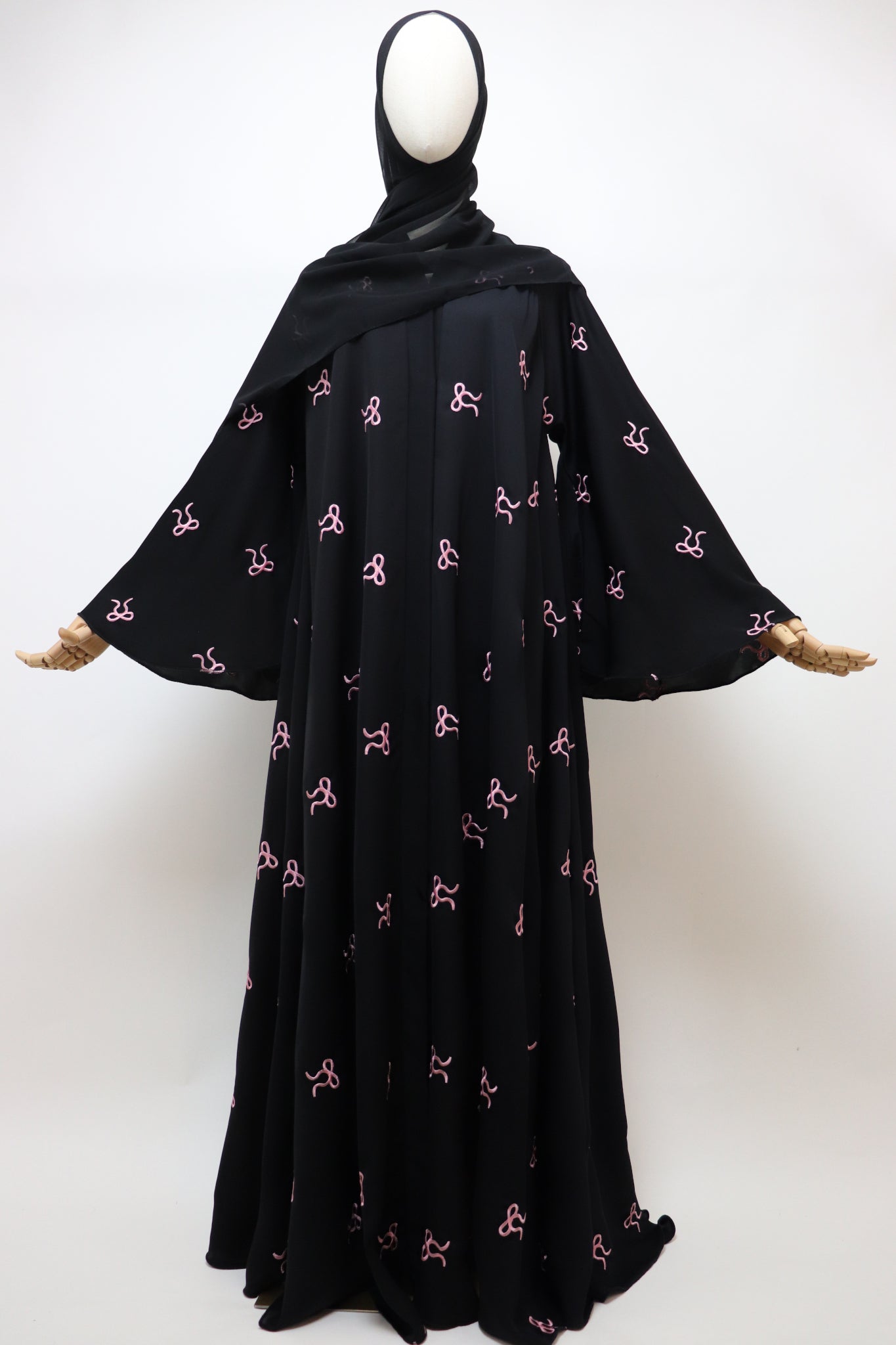 Open Flare Umbrella Bow Embroidery Abaya - Black