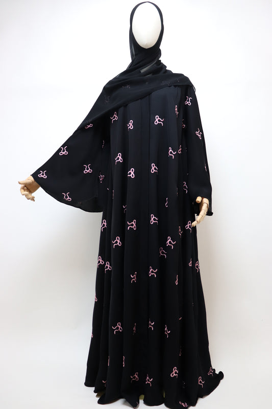 Open Flare Umbrella Bow Embroidery Abaya - Black