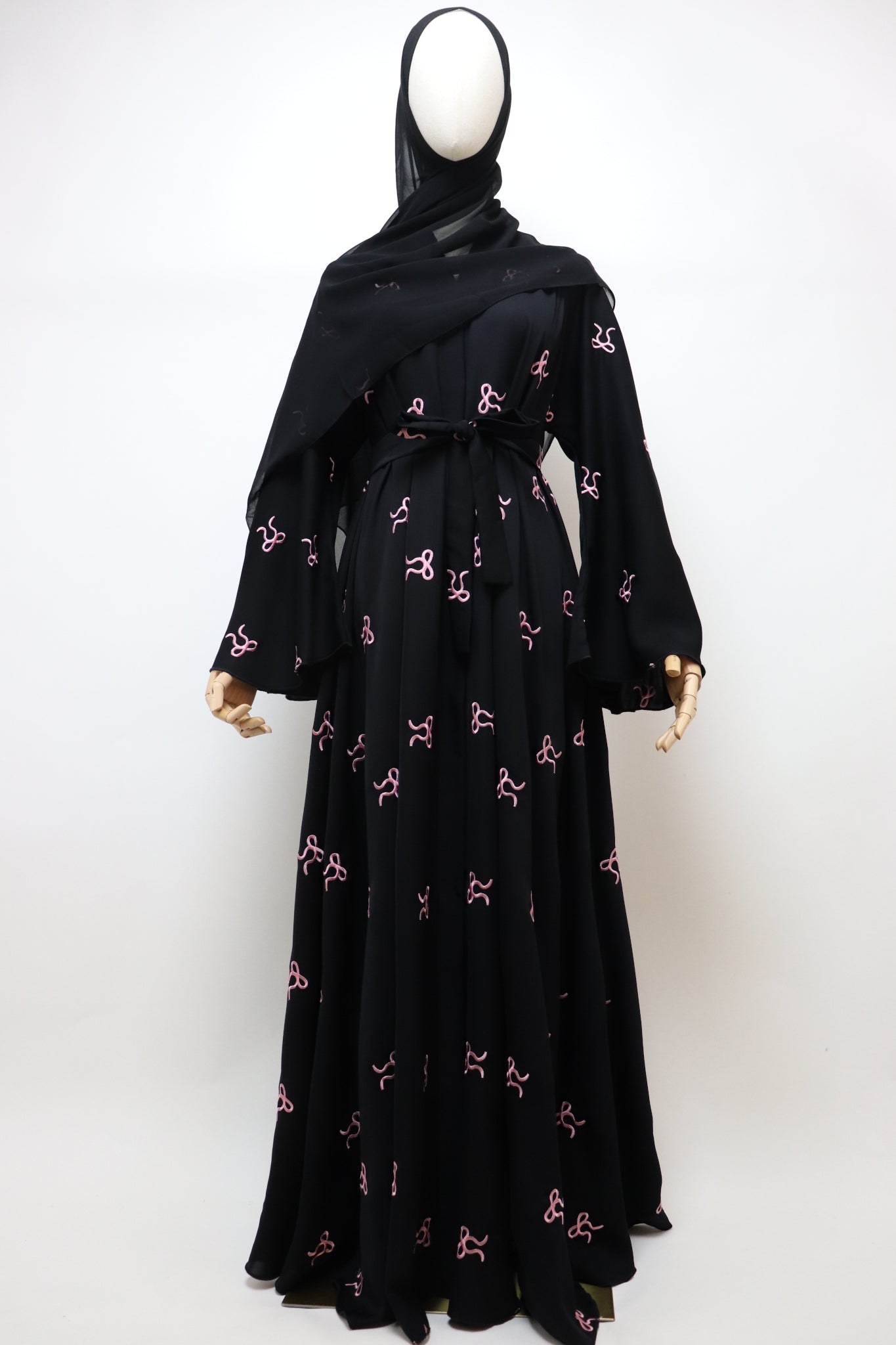 Open Flare Umbrella Bow Embroidery Abaya - Black