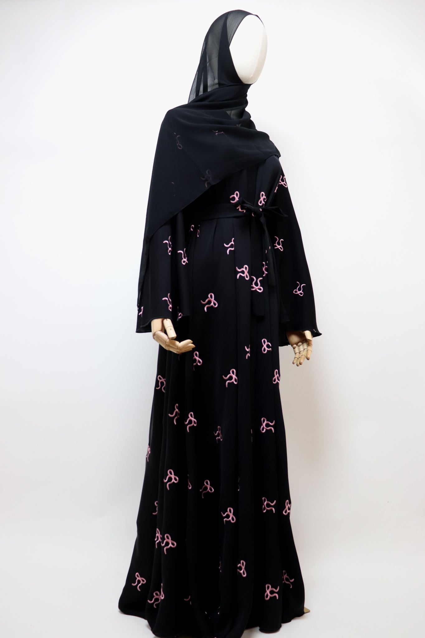 Open Flare Umbrella Bow Embroidery Abaya - Black