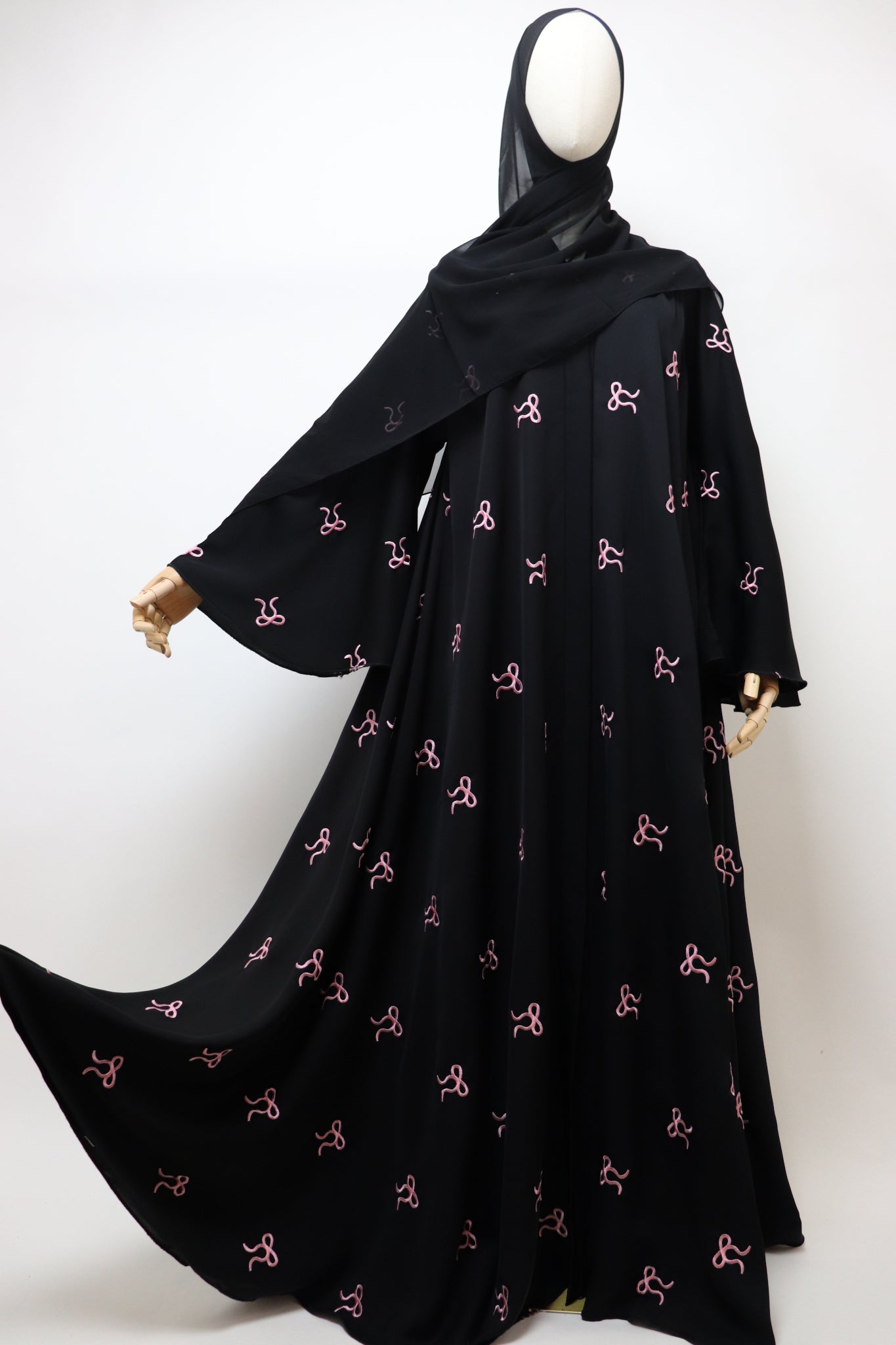 Open Flare Umbrella Bow Embroidery Abaya - Black