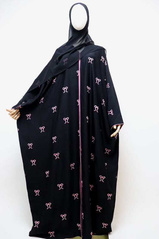 Open Bisht Bow Embroidery Abaya - Black