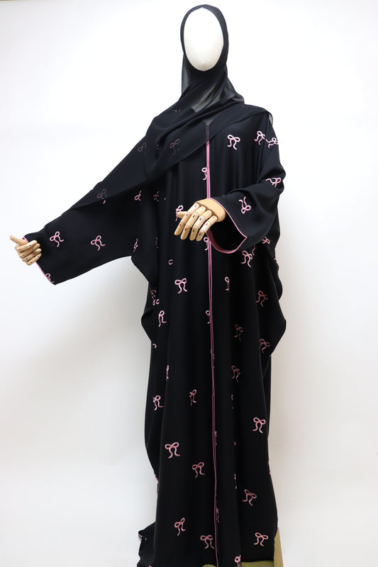 Open Bisht Bow Embroidery Abaya - Black