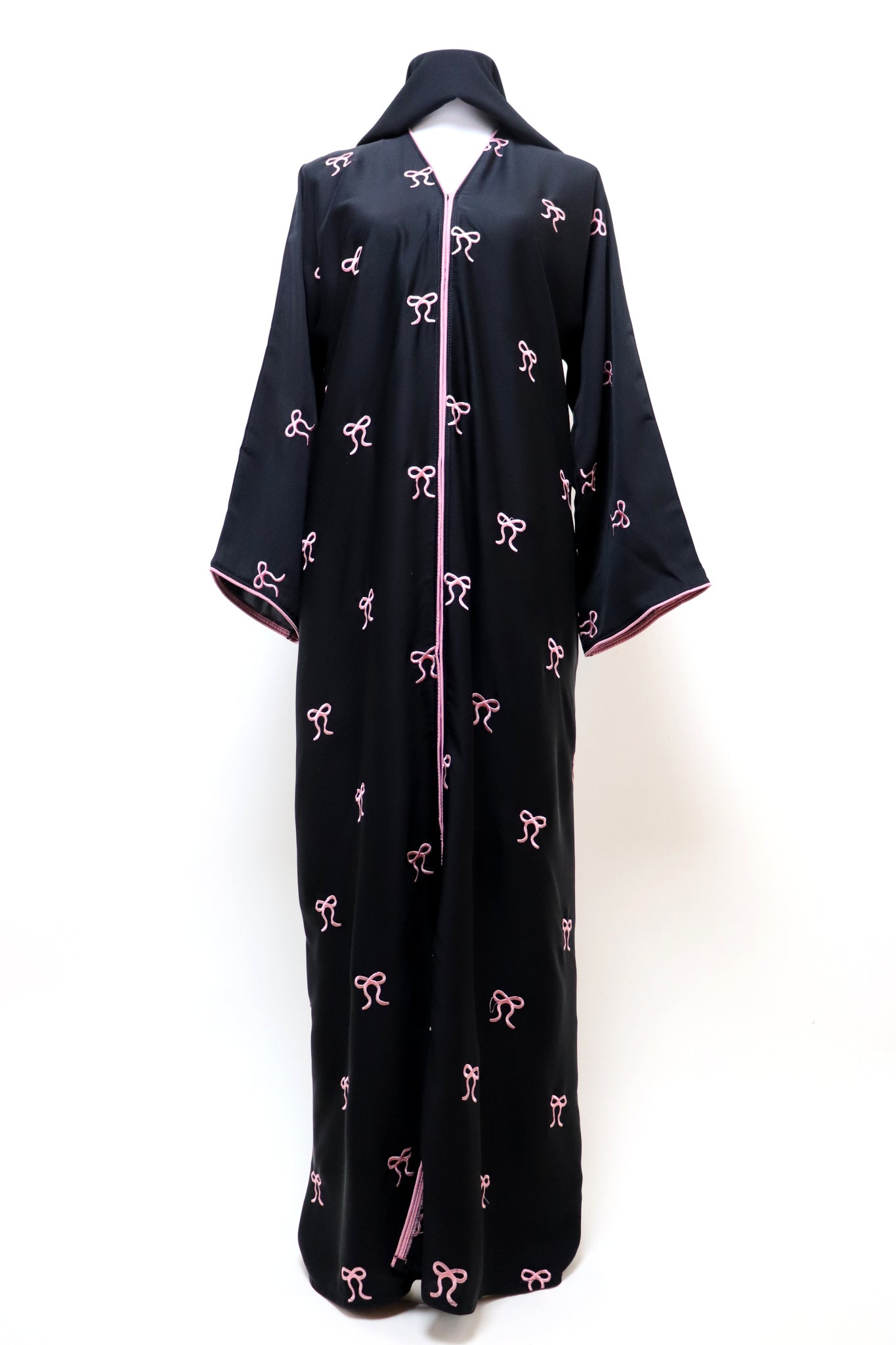 Open Bow Embroidery Abaya - Black