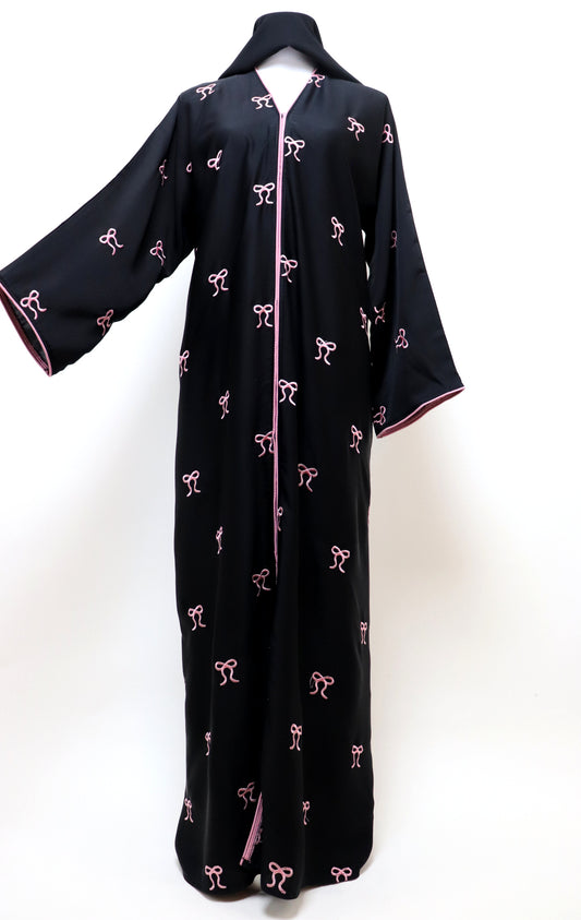 Open Bow Embroidery Abaya - Black