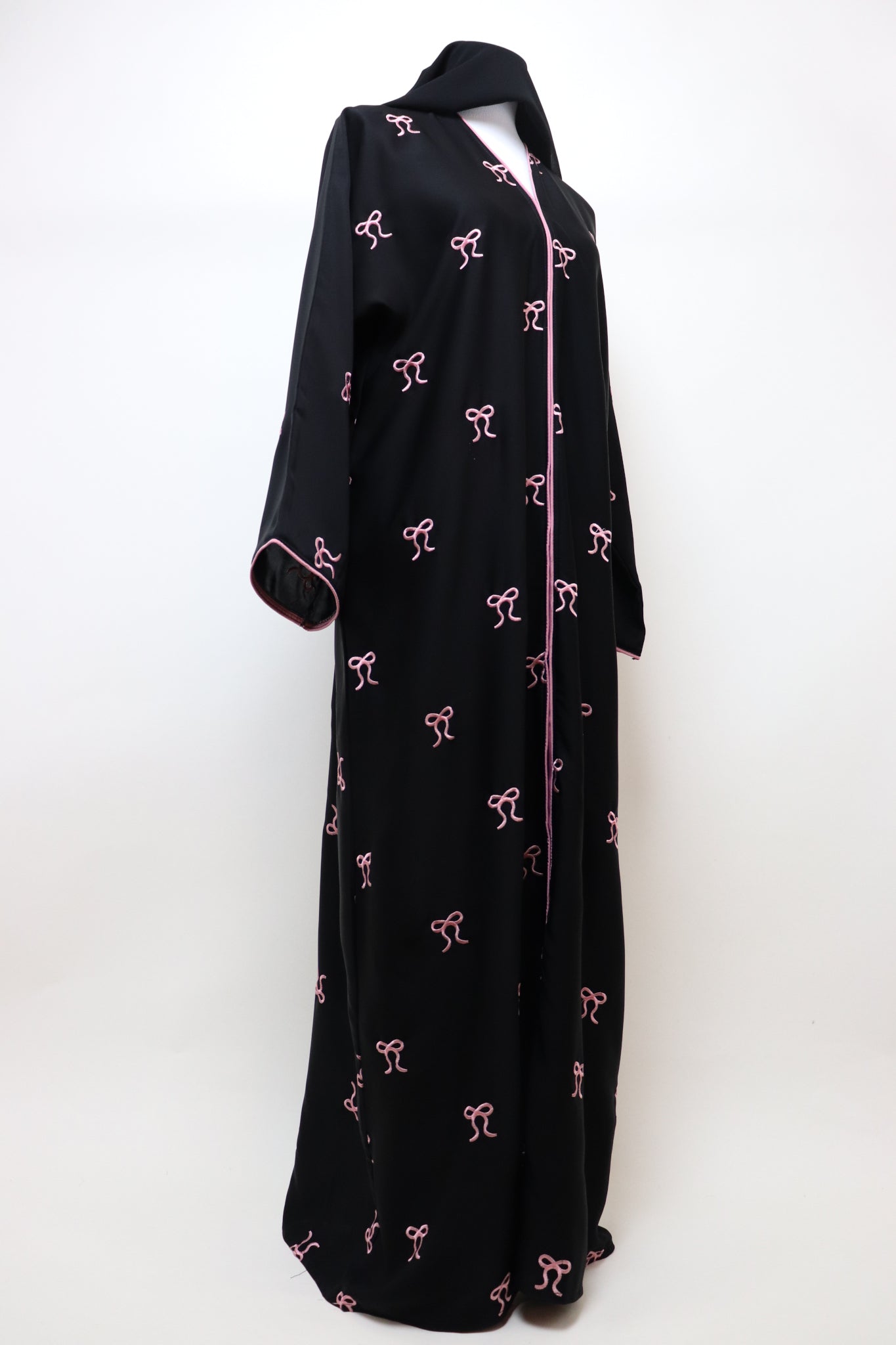 Open Bow Embroidery Abaya - Black