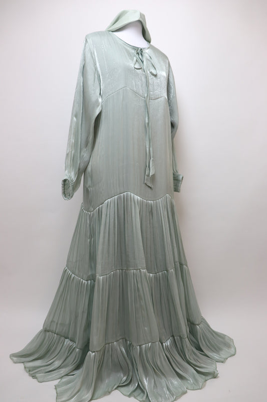 3 Piece Set Closed Tiered Organza Abaya - Light Sage