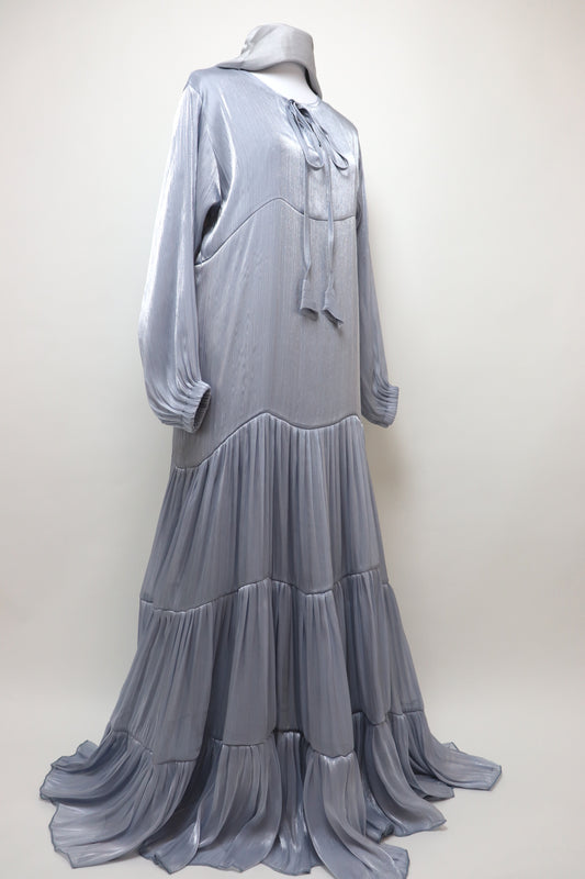 3 Piece Set Closed Tiered Organza Abaya - Bluish Gray