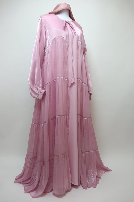 3 Piece Set Open Tiered Organza Abaya - Pink