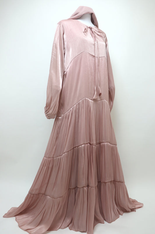 3 Piece Set Closed Tiered Organza Abaya - Blush