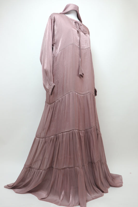 3 Piece Set Closed Tiered Organza Abaya - Old Rose