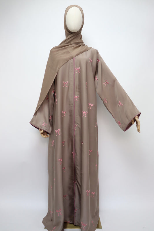 Open Bow Embroidery Crinkle Abaya - Mocha / Pink