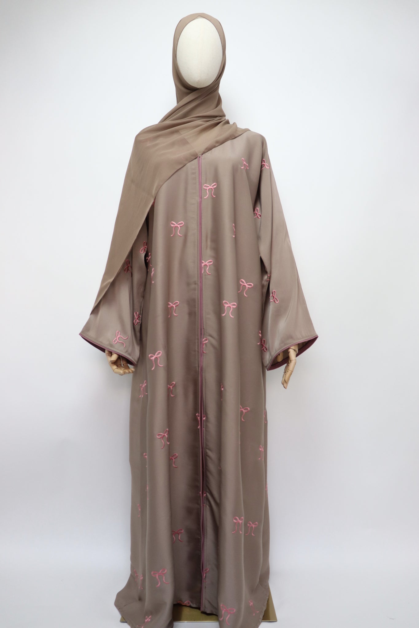 Open Bow Embroidery Crinkle Abaya - Mocha / Pink