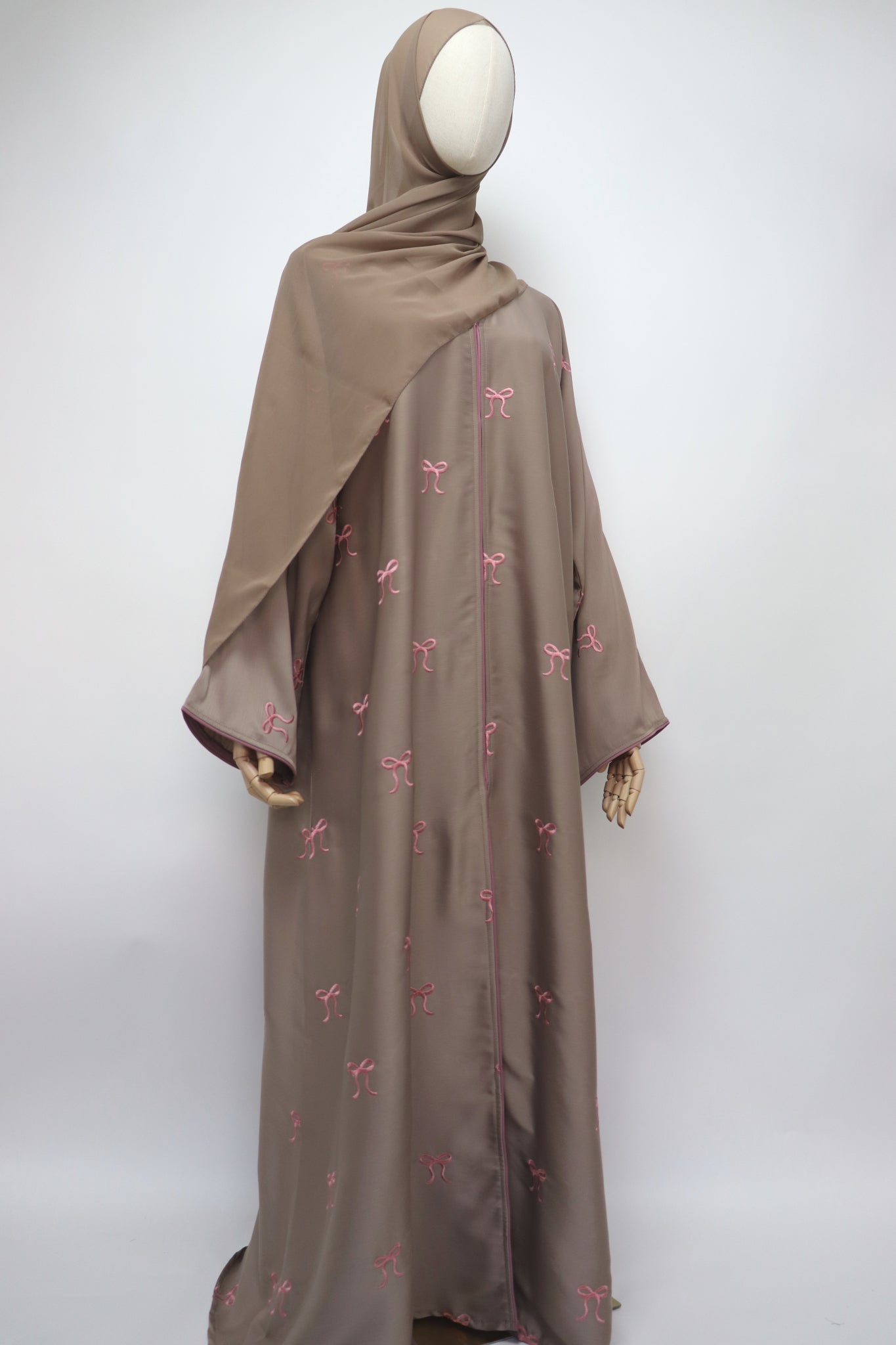 Open Bow Embroidery Crinkle Abaya - Mocha / Pink