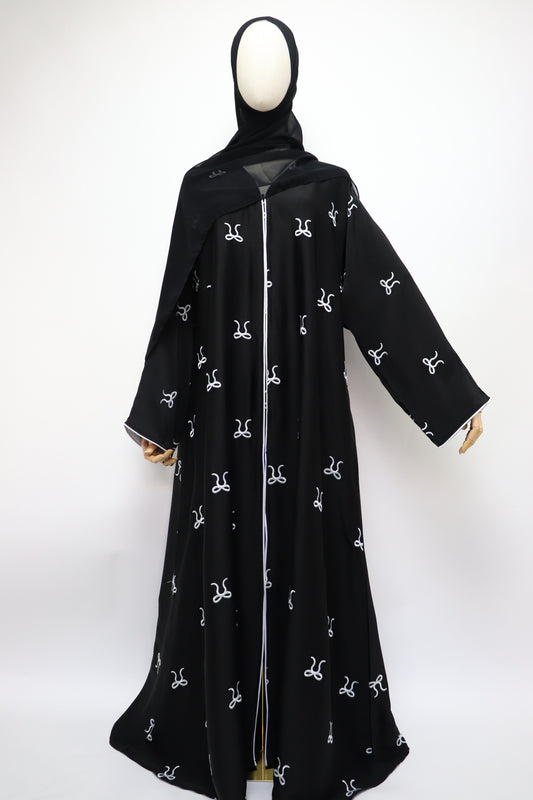 Open Bow Embroidery Crinkle Abaya - Black / White
