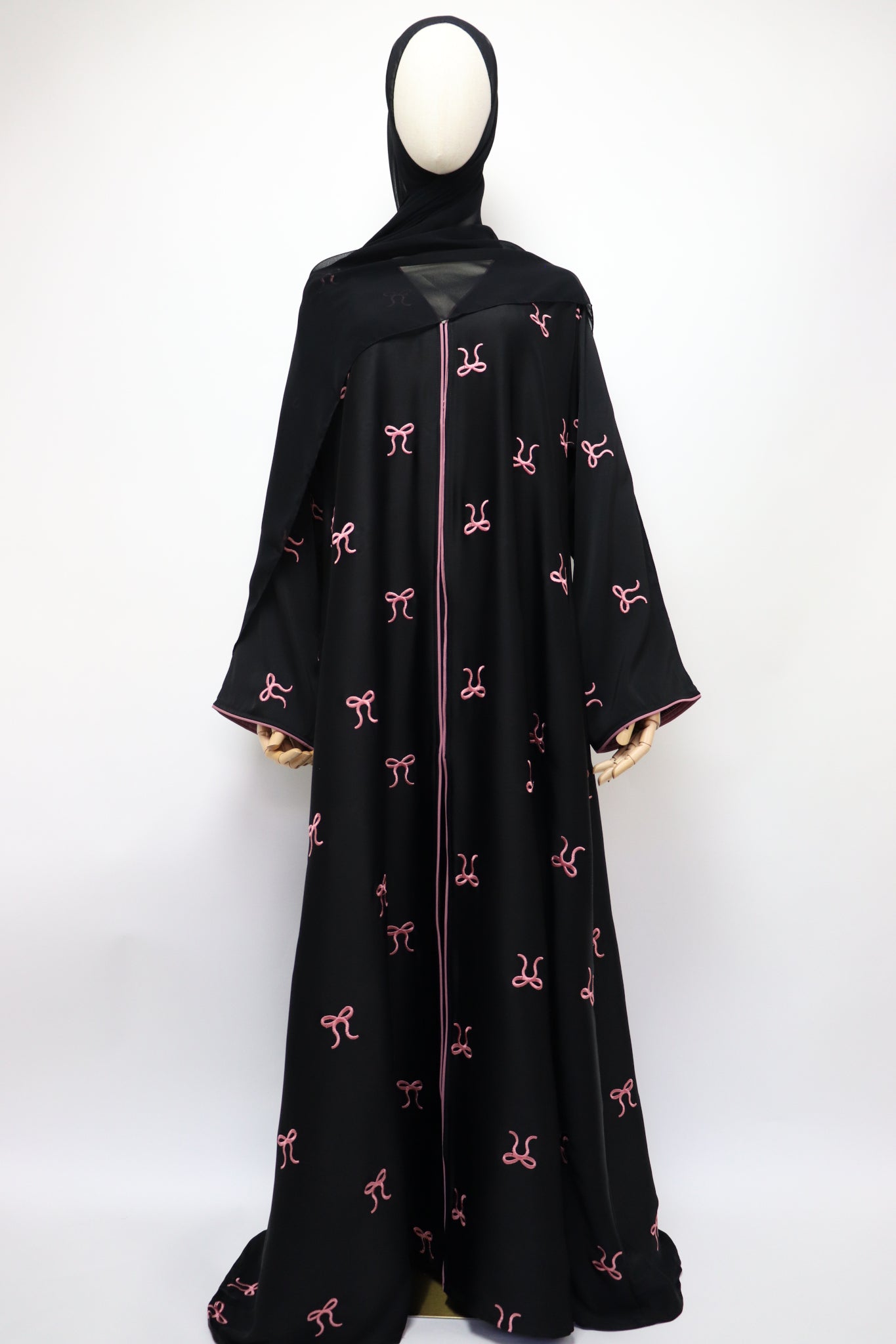 Open Bow Embroidery Crinkle Abaya - Black / Pink