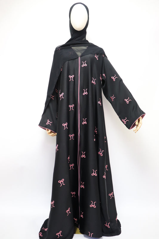 Open Bow Embroidery Crinkle Abaya - Black / Pink