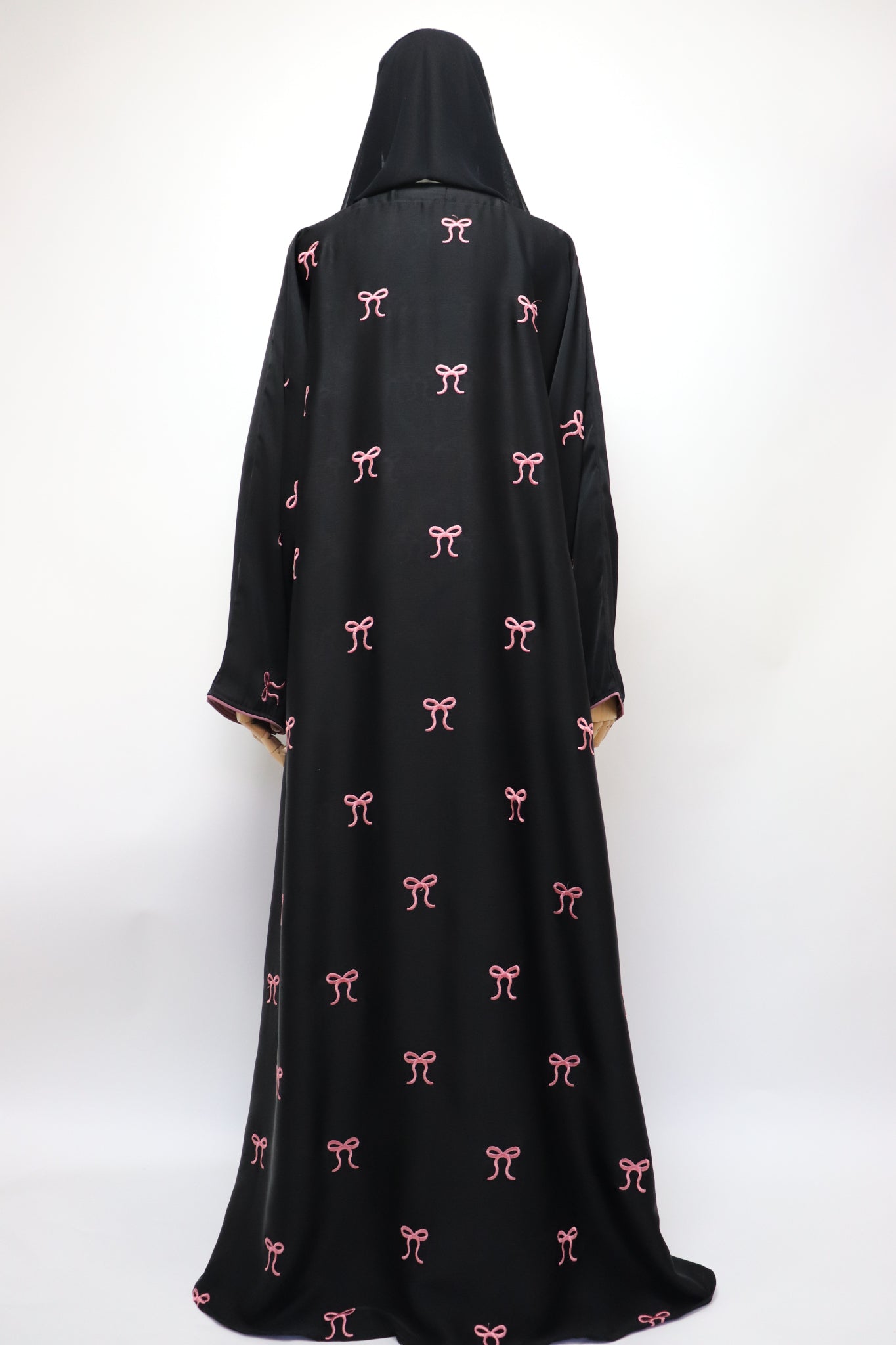 Open Bow Embroidery Crinkle Abaya - Black / Pink