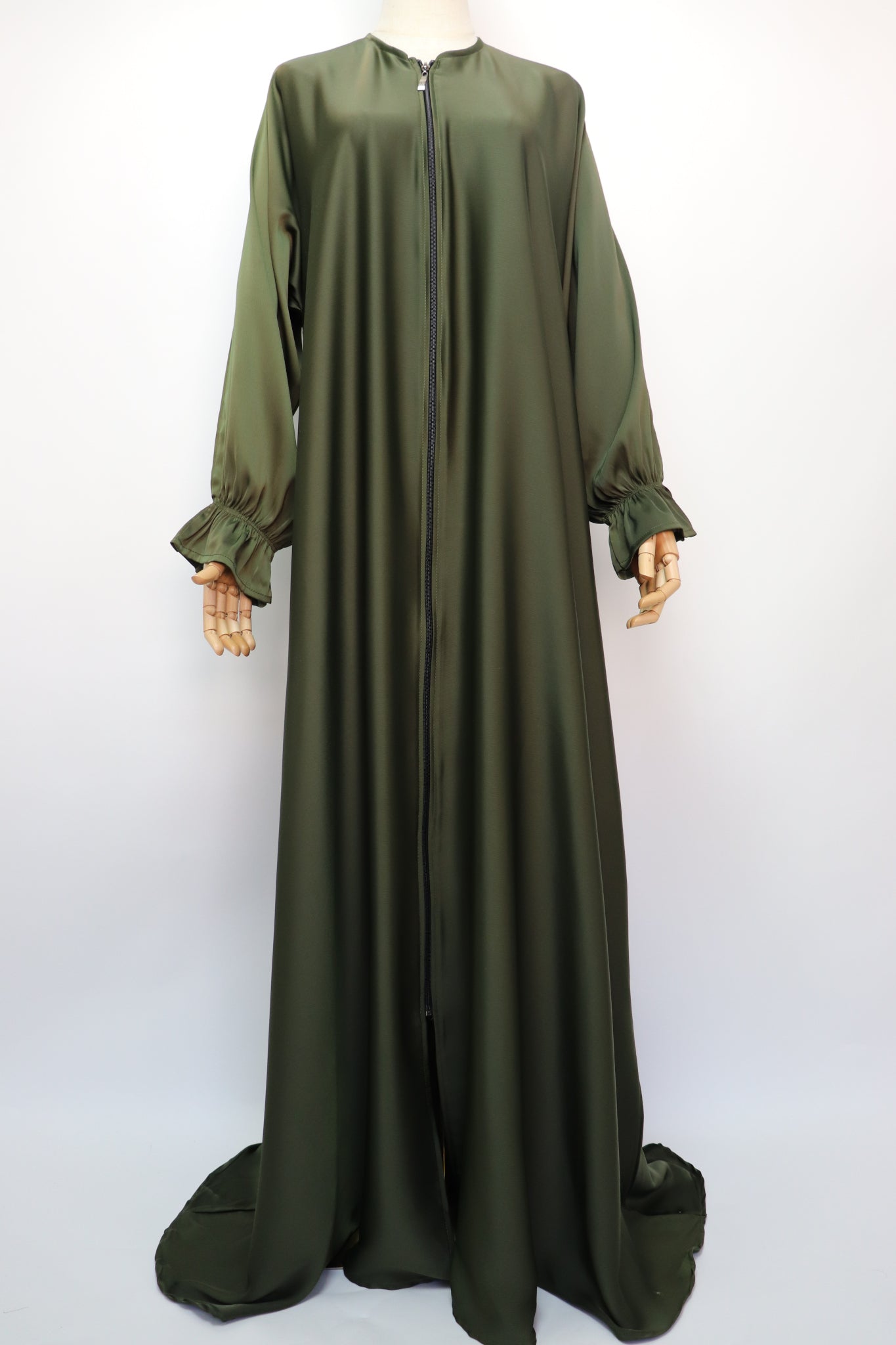 Full Zip Semi Flare Crinkle Abaya - Olive
