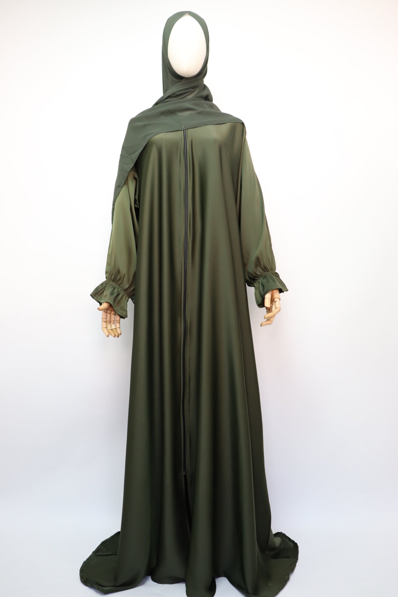 Full Zip Semi Flare Crinkle Abaya - Olive