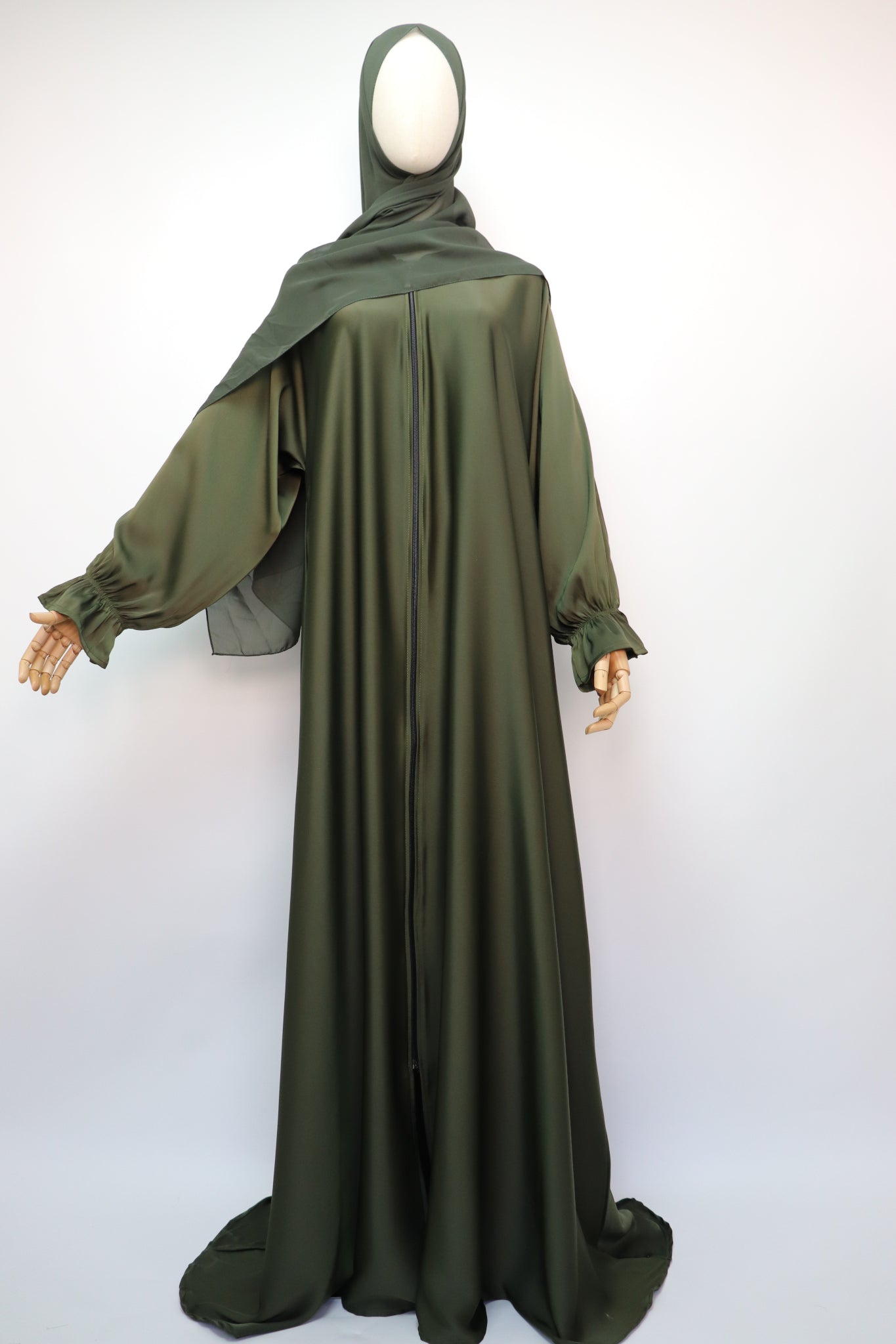 Full Zip Semi Flare Crinkle Abaya - Olive