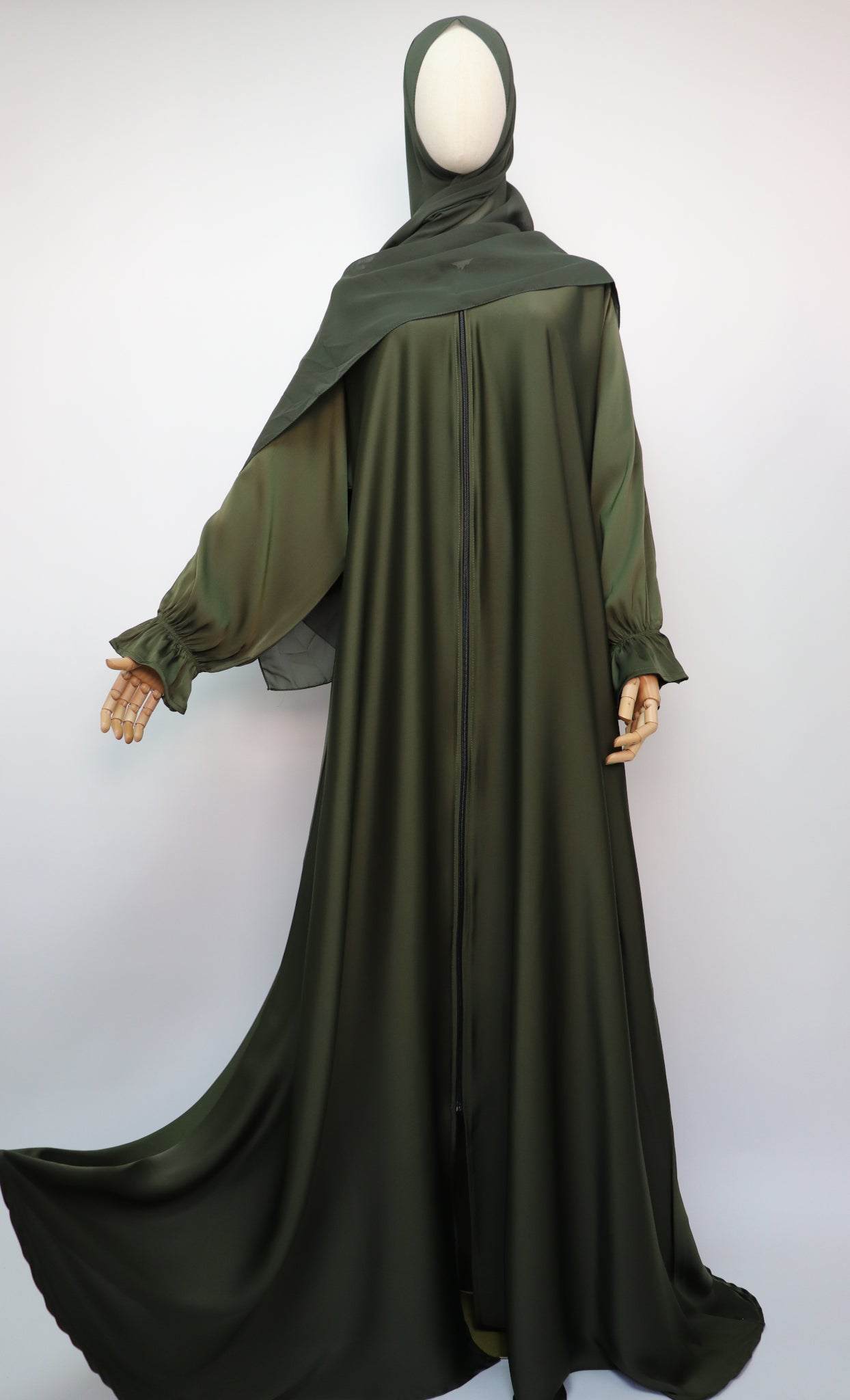 Full Zip Semi Flare Crinkle Abaya - Olive