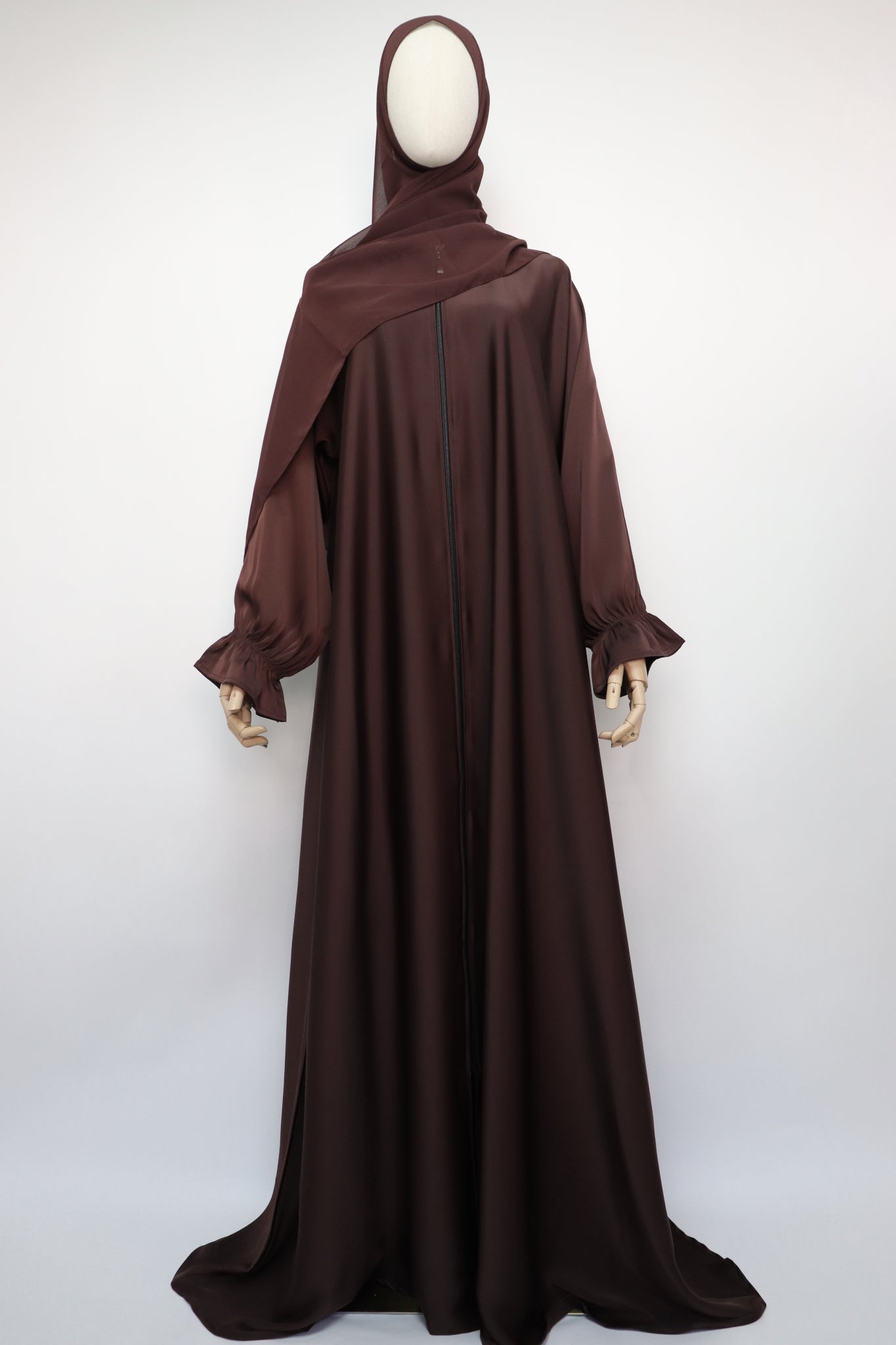 Full Zip Semi Flare Crinkle Abaya - Choco